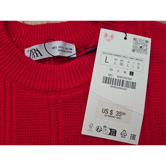 Zara Women's Cropped Knit Red Sweater Short Sleeve Top Large New With Tag - Picture 4 of 5